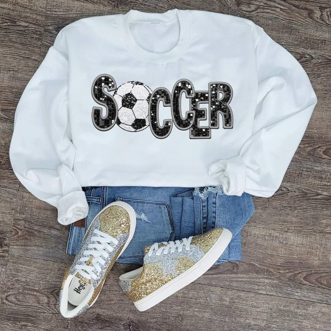 3Blues Designs |   Hazel Blues® |  Soccer Faux Chenille Sequin Patches Sweatshirt: Black