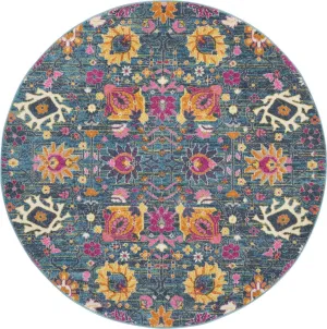 4’ Round Denim Blue Florals Distressed Area Rug