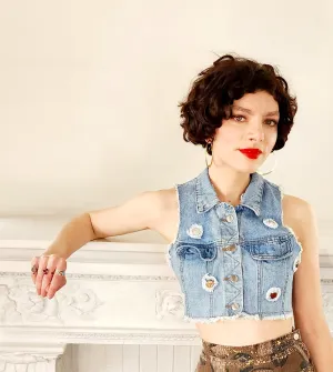 80s Denim Crop Top Vest in Distressed Blue Jean Cotton by Venus Attitudes / S