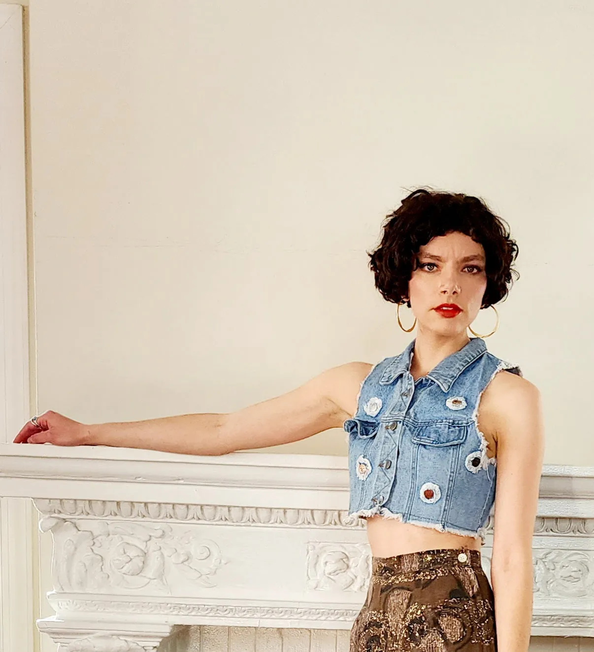 80s Denim Crop Top Vest in Distressed Blue Jean Cotton by Venus Attitudes / S