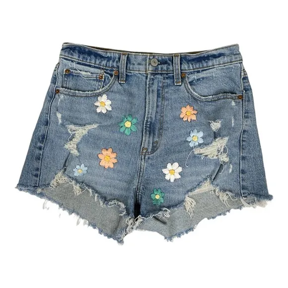 Abercrombie &amp; Fitch Floral Embroidered High Rise Mom Short 28 Denim Cutoff Jean