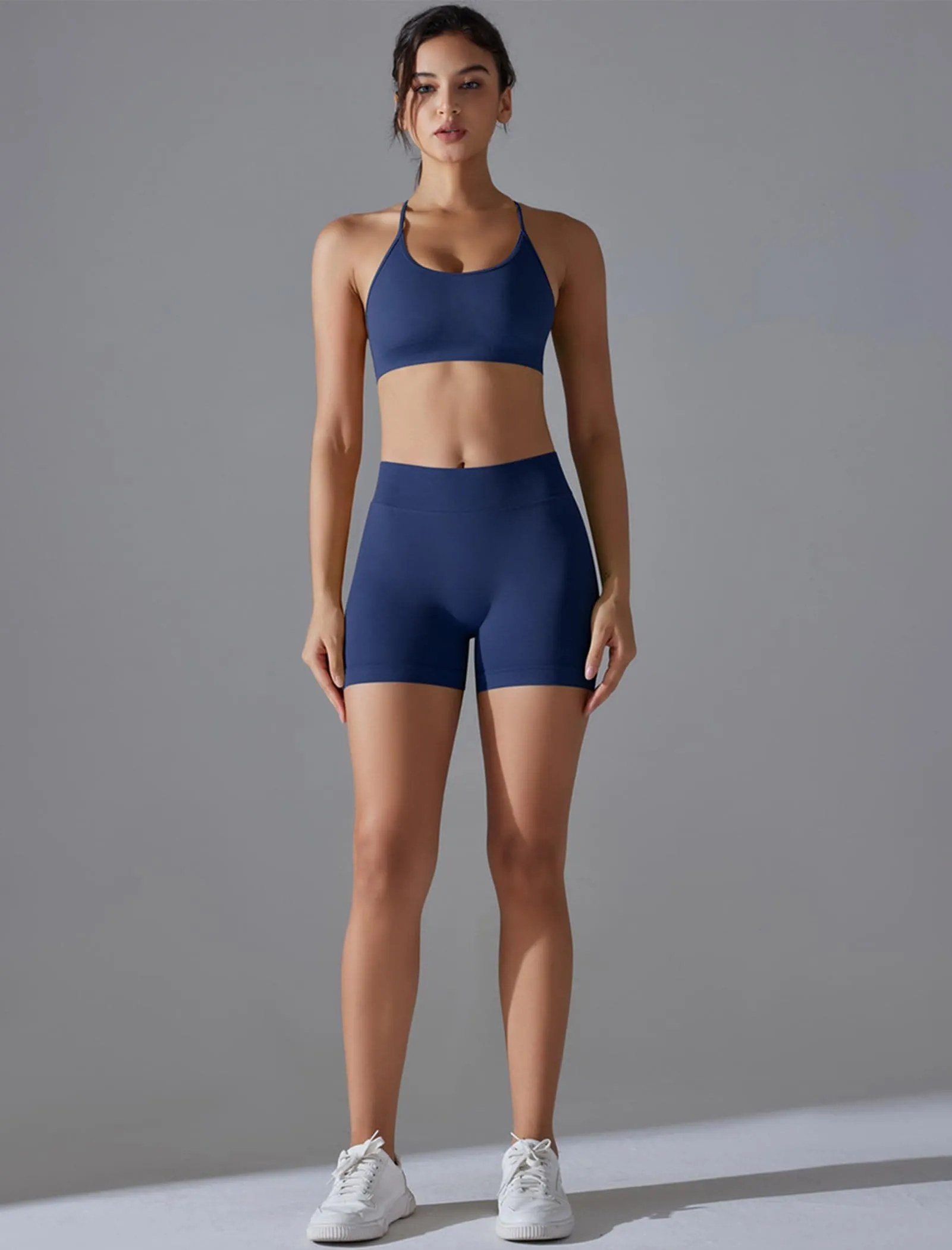 ABOCIW Workout Sets for Women Seamless V Back Scrunch Butt Lifting High Waist Biker Shorts Cross Back Sports Bra 2 Piece Yoga Gym Sets Navy Blue