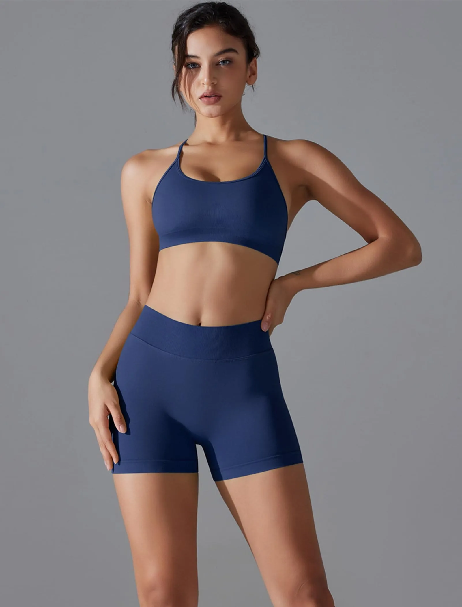 ABOCIW Workout Sets for Women Seamless V Back Scrunch Butt Lifting High Waist Biker Shorts Cross Back Sports Bra 2 Piece Yoga Gym Sets Navy Blue