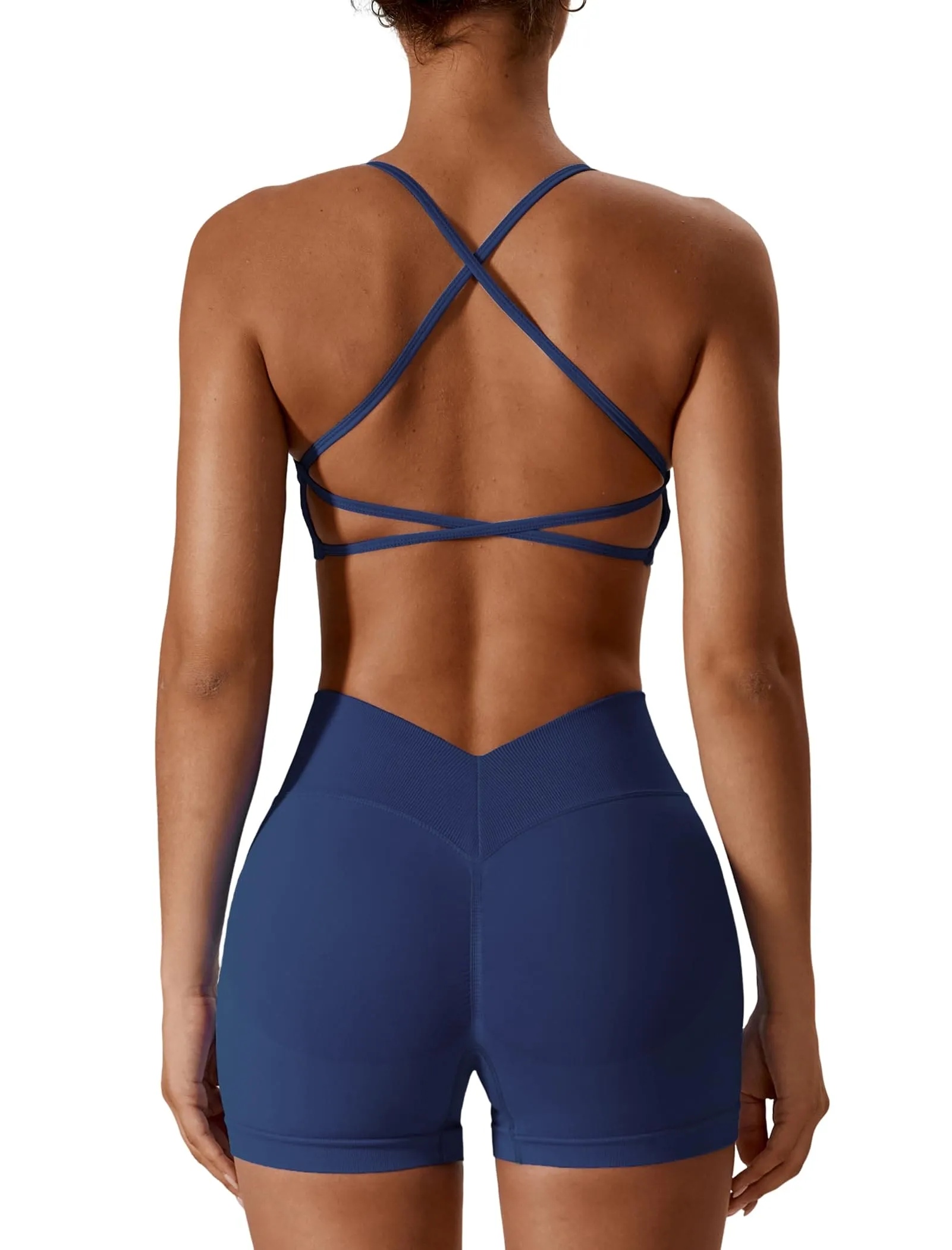 ABOCIW Workout Sets for Women Seamless V Back Scrunch Butt Lifting High Waist Biker Shorts Cross Back Sports Bra 2 Piece Yoga Gym Sets Navy Blue