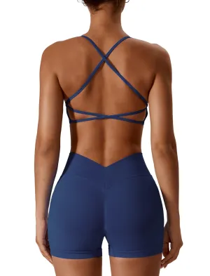 ABOCIW Workout Sets for Women Seamless V Back Scrunch Butt Lifting High Waist Biker Shorts Cross Back Sports Bra 2 Piece Yoga Gym Sets Navy Blue