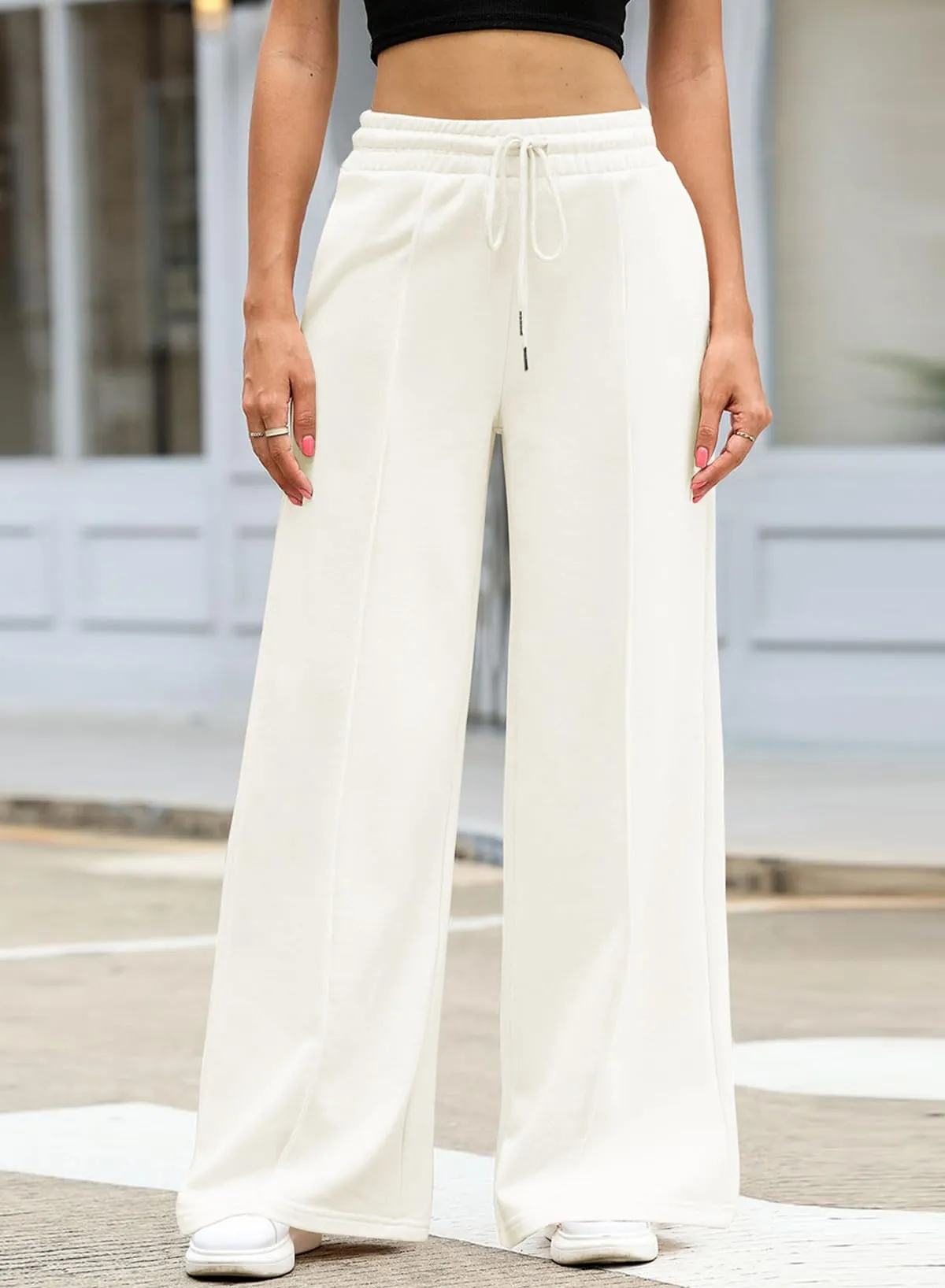 Aleumdr 2024 Wide Leg Sweatpants for Women Elastic High Waisted Drawstring Loose Pants with Pockets White