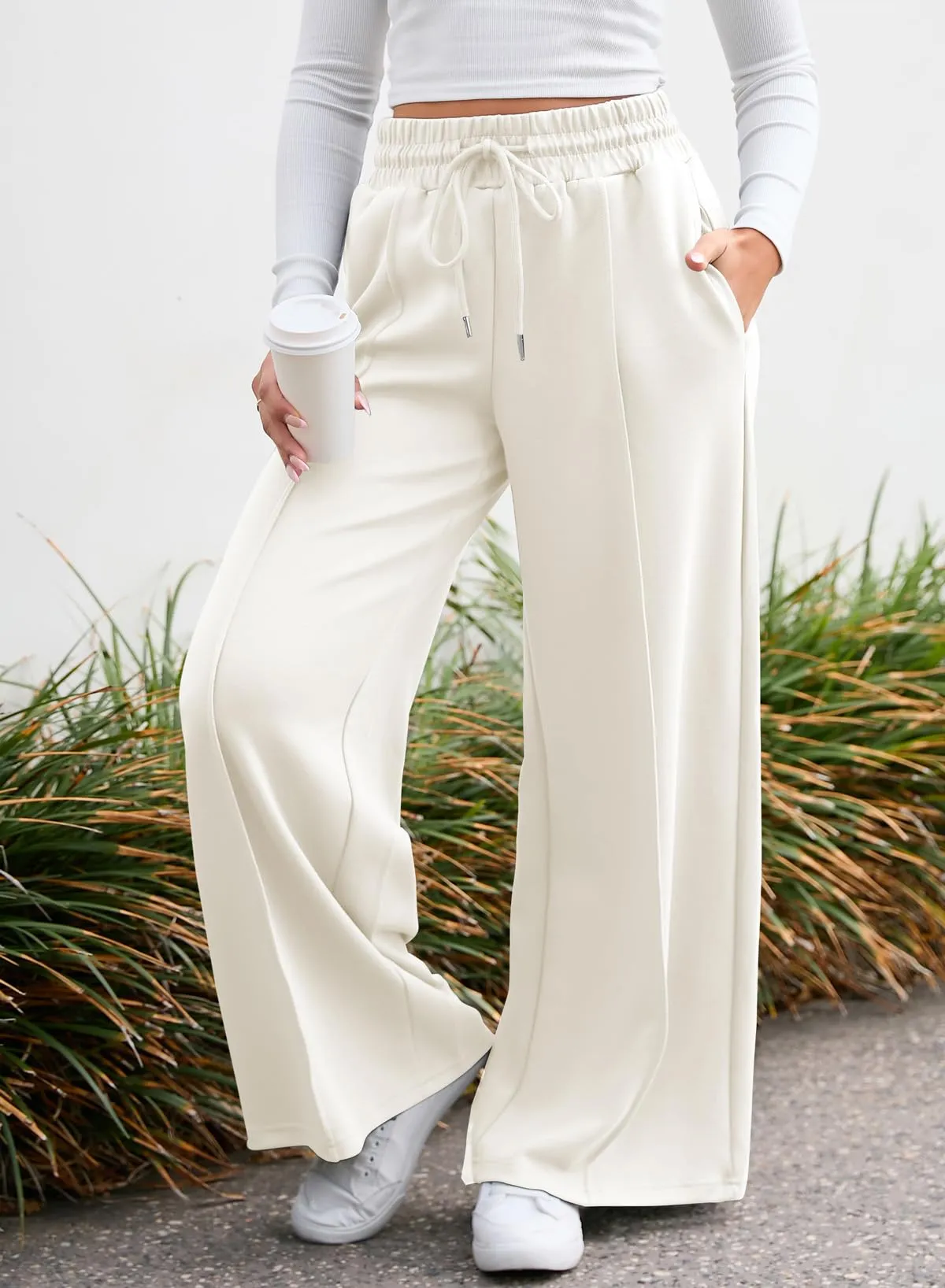 Aleumdr 2024 Wide Leg Sweatpants for Women Elastic High Waisted Drawstring Loose Pants with Pockets White