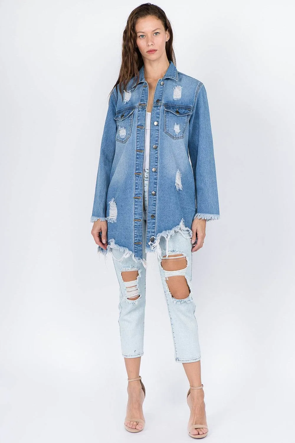 American Bazi Distressed Frayed Hem Denim Jacket