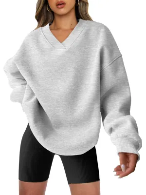 ANRABESS Womens Oversized V Neck Sweatshirt Fleece Long Sleeve Hoodies Pullover Comfy Top Outfits 2024 Teen Preppy Clothes Light Gray