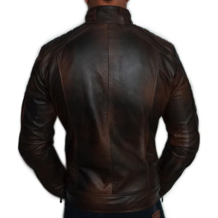 Antique Distressed Cafe Racer Dark Brown Leather Jacket For Men