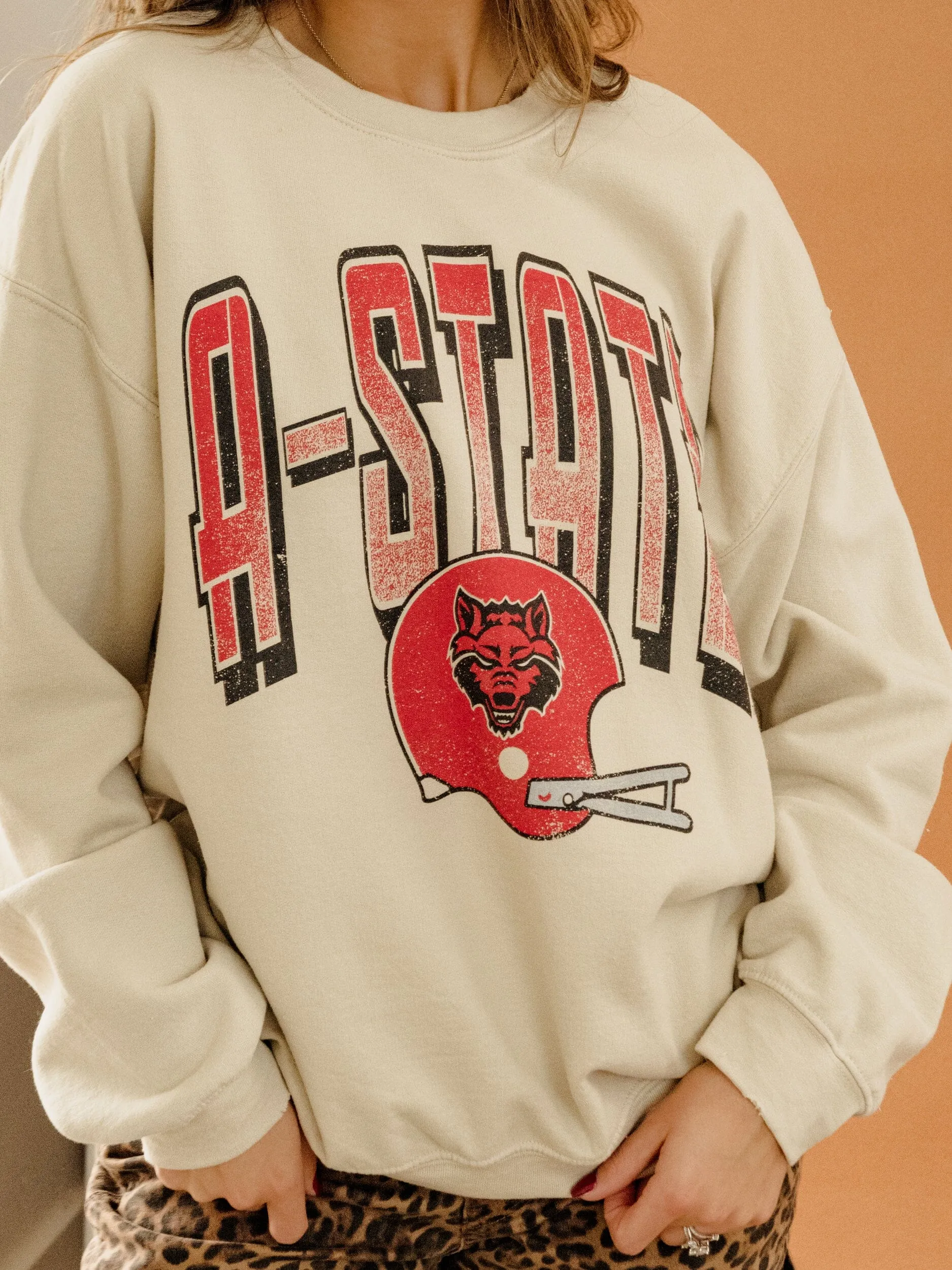 ASU Red Wolves Helmet Fade Sand Thrifted Sweatshirt