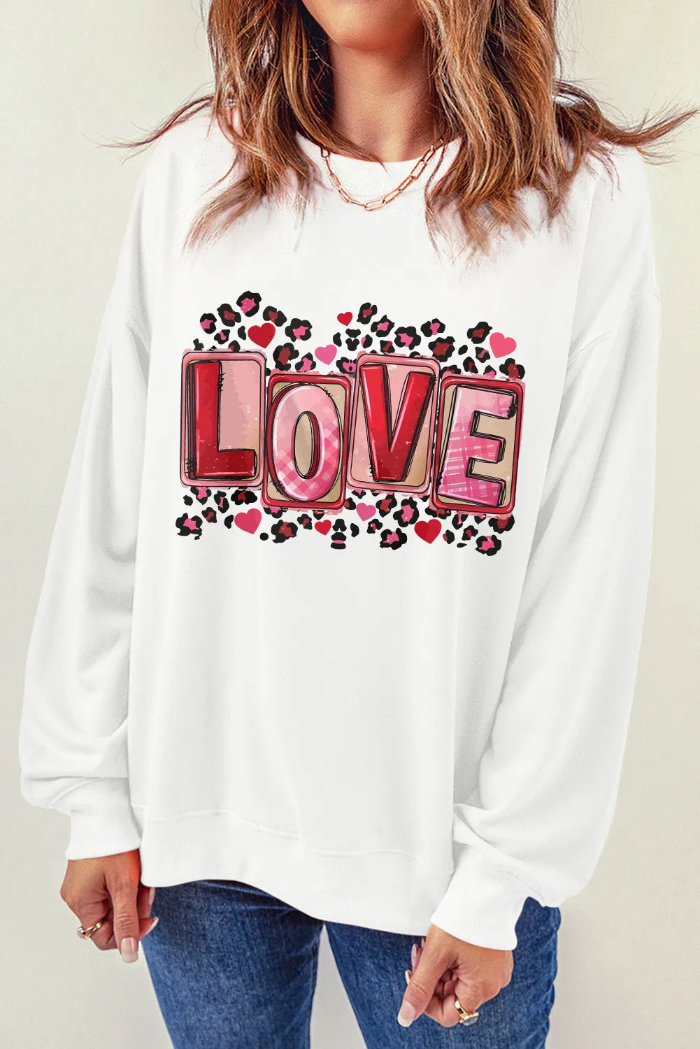 Beige LOVE Leopard Graphic Crew Neck Sweatshirt