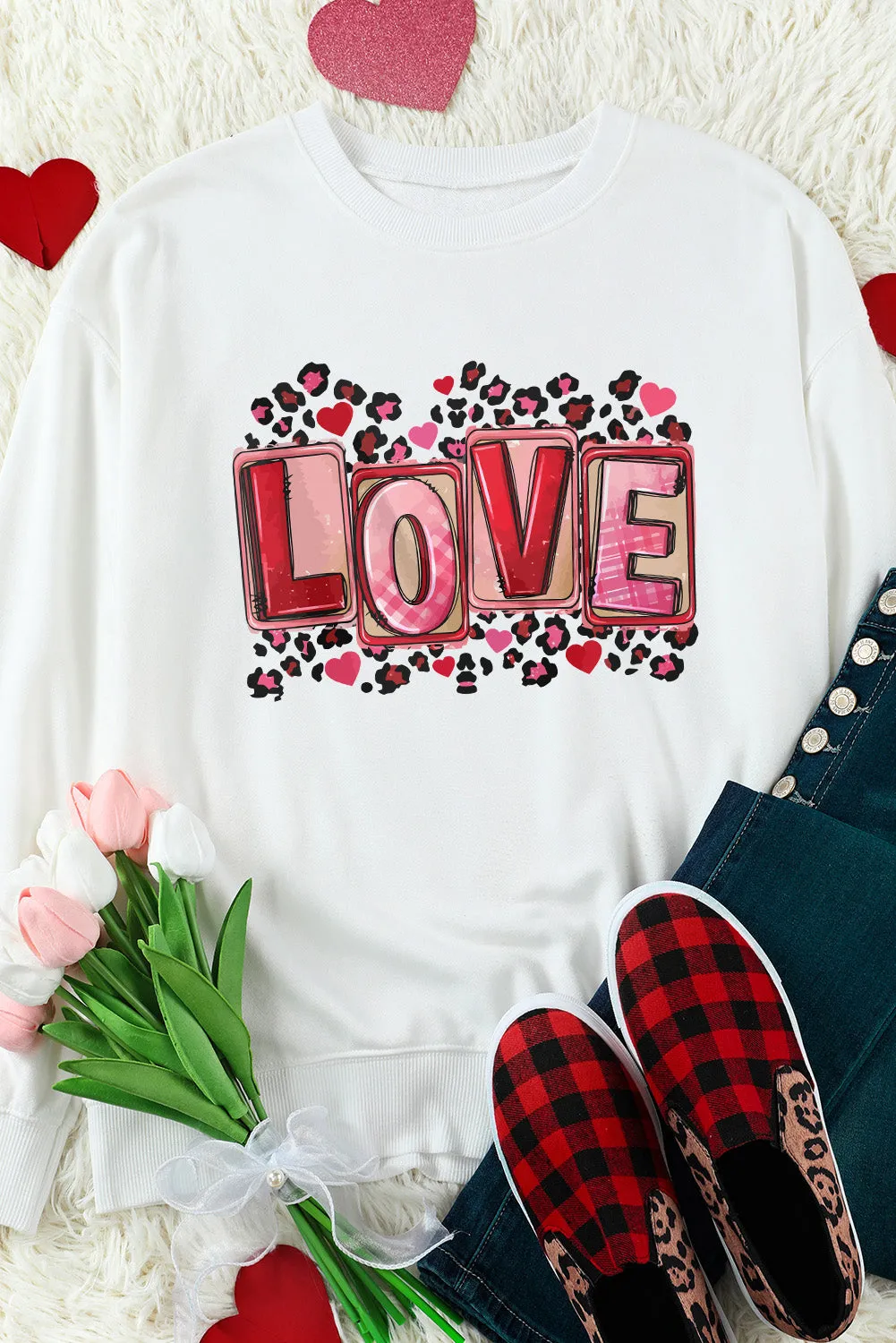 Beige LOVE Leopard Graphic Crew Neck Sweatshirt