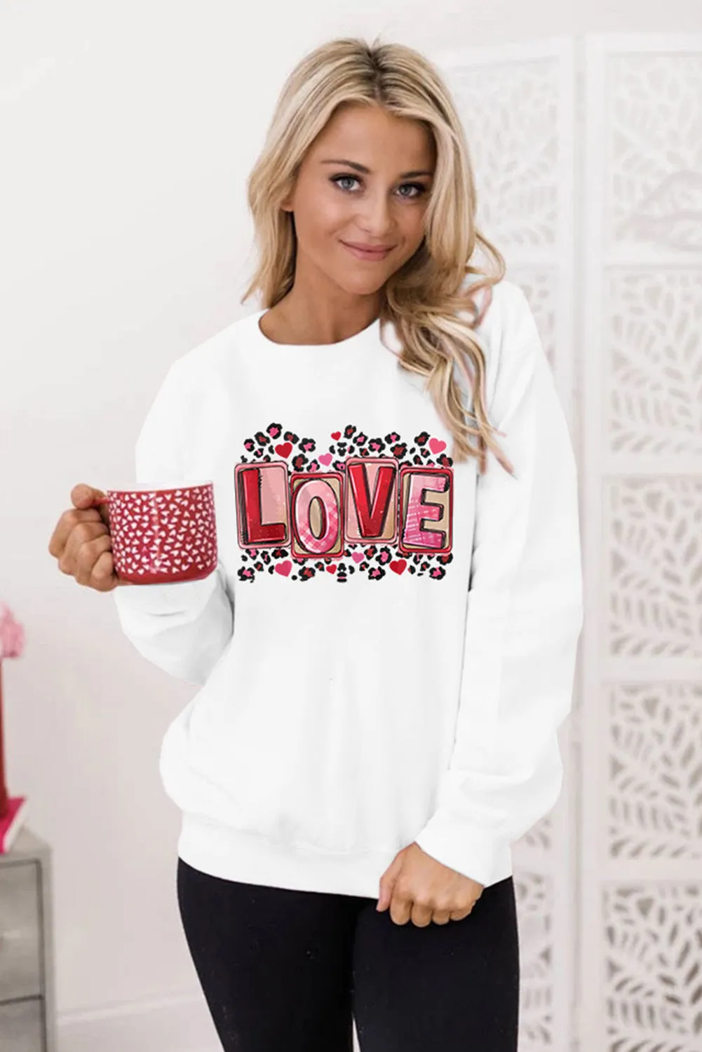 Beige LOVE Leopard Graphic Crew Neck Sweatshirt