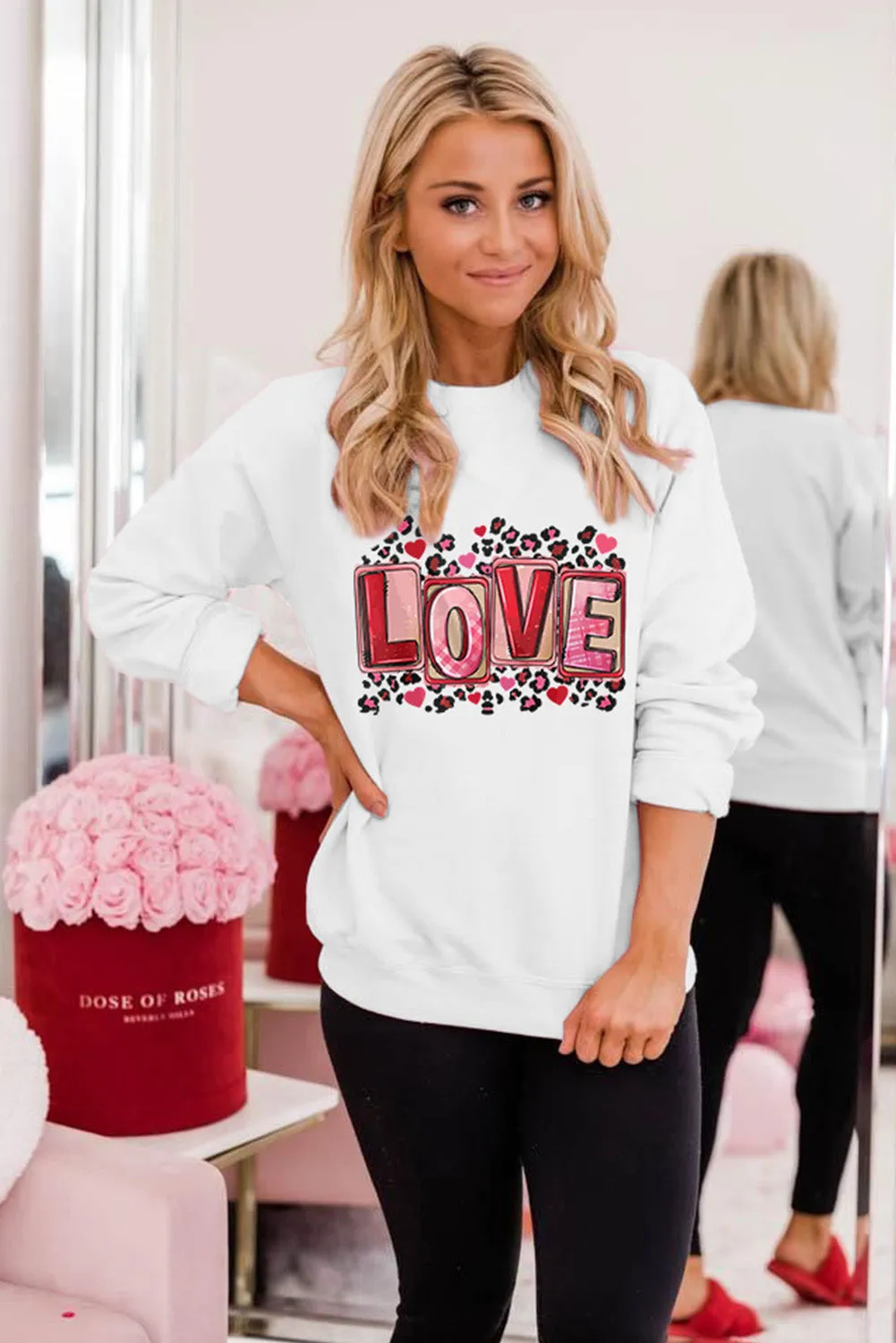 Beige LOVE Leopard Graphic Crew Neck Sweatshirt