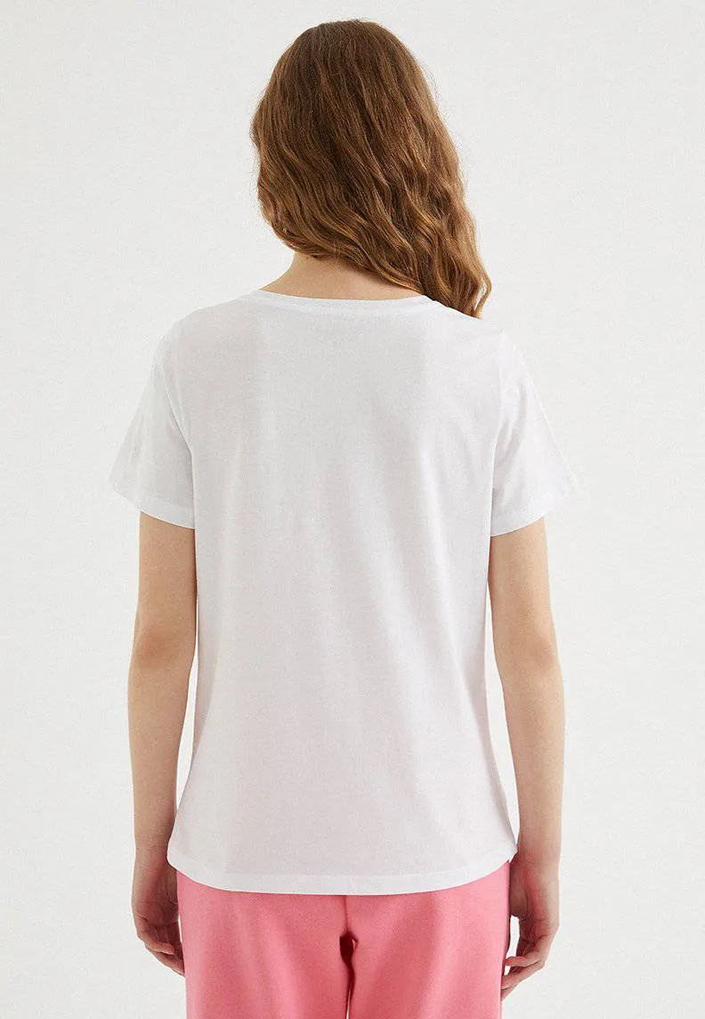 Beyaz Baskılı Bisiklet Yaka Pamuklu Regular Fit Kadın T-Shirt SUNGLASSES