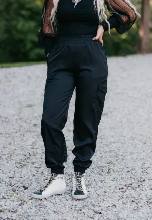 Black Cargo Jogger Pant with Elastic Waistband   Side Pockets