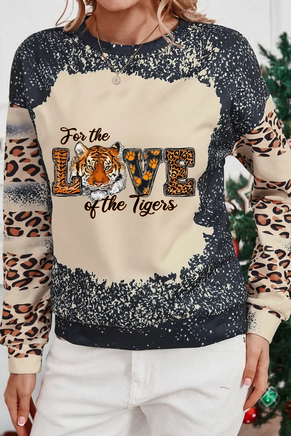 Black For The Love of the Tigers Animal Print Bleached Sweatshirt