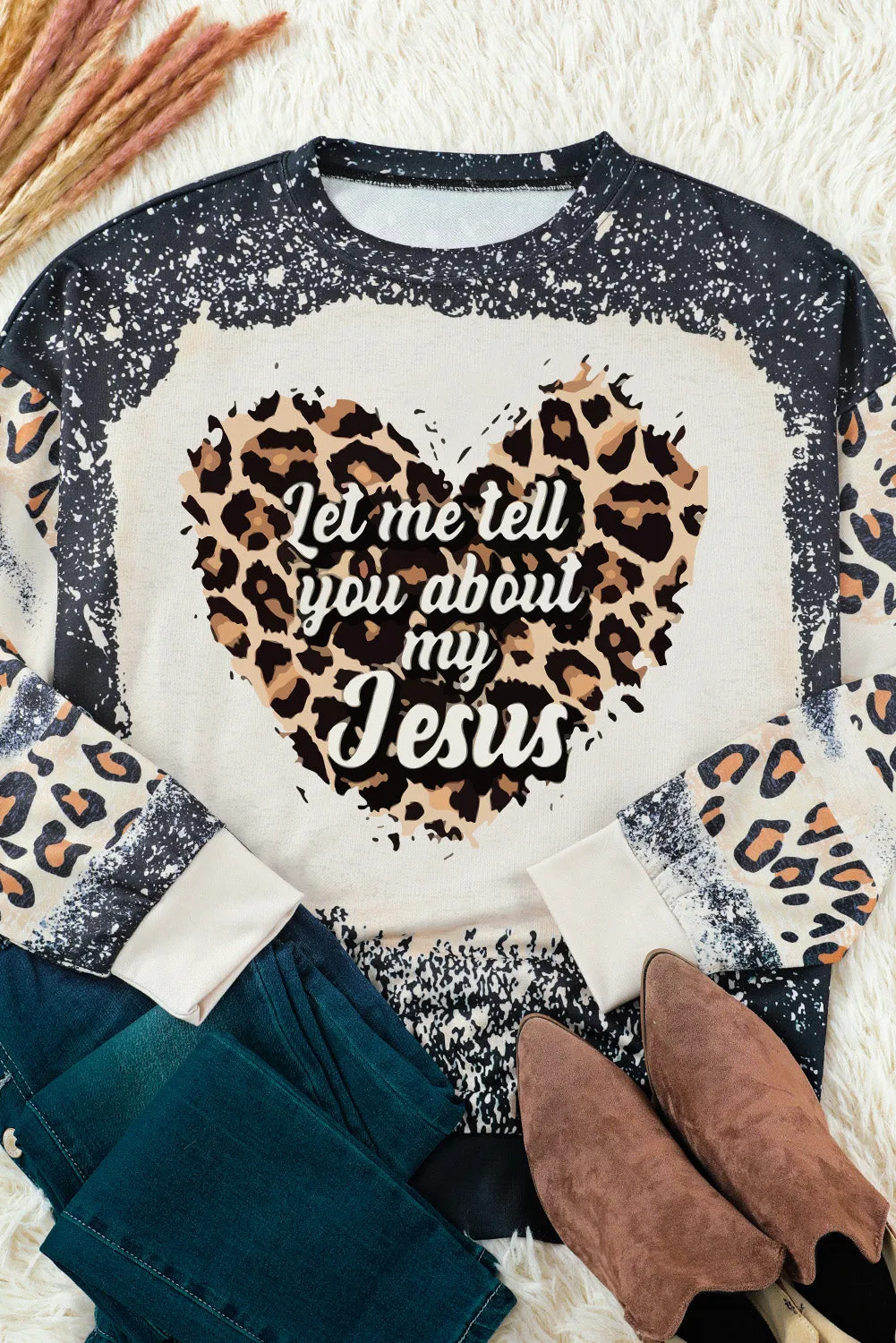 Black Slogan Heart Graphic Leopard Bleached Sweatshirt