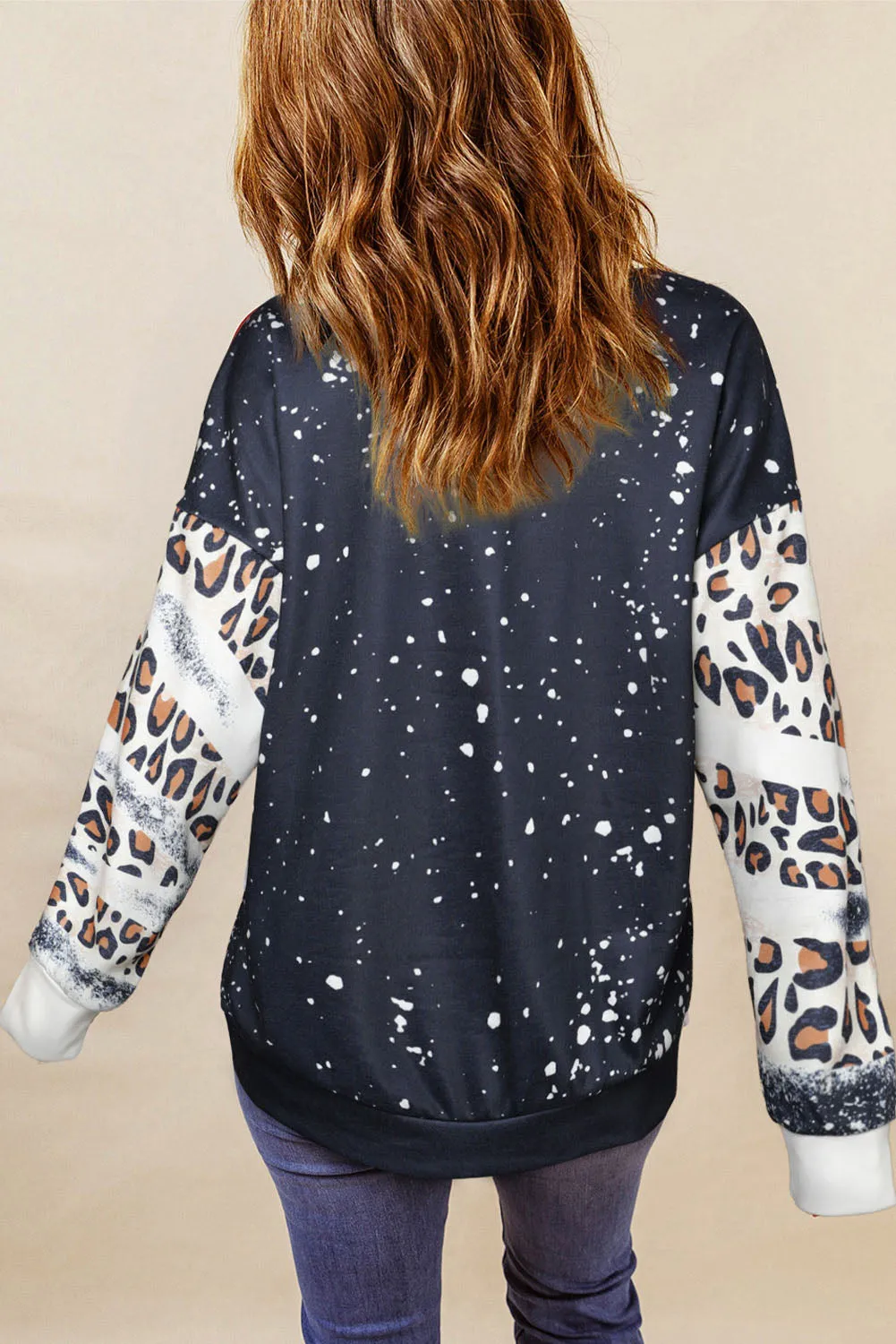Black Slogan Heart Graphic Leopard Bleached Sweatshirt