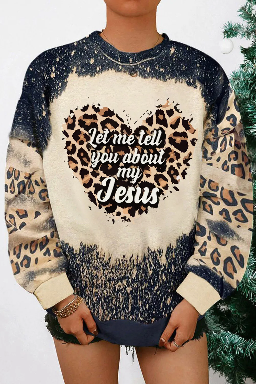 Black Slogan Heart Graphic Leopard Bleached Sweatshirt
