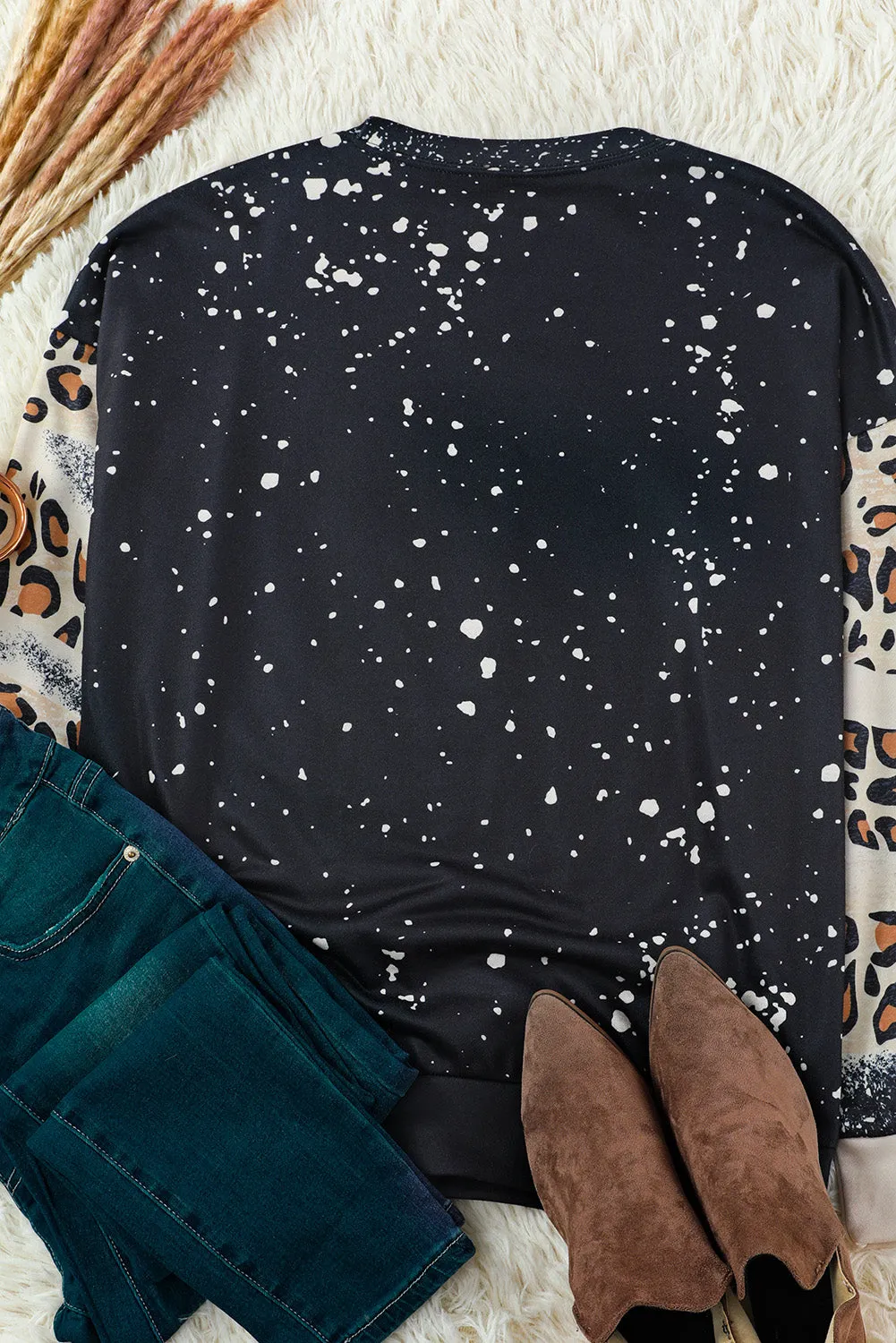 Black Slogan Heart Graphic Leopard Bleached Sweatshirt