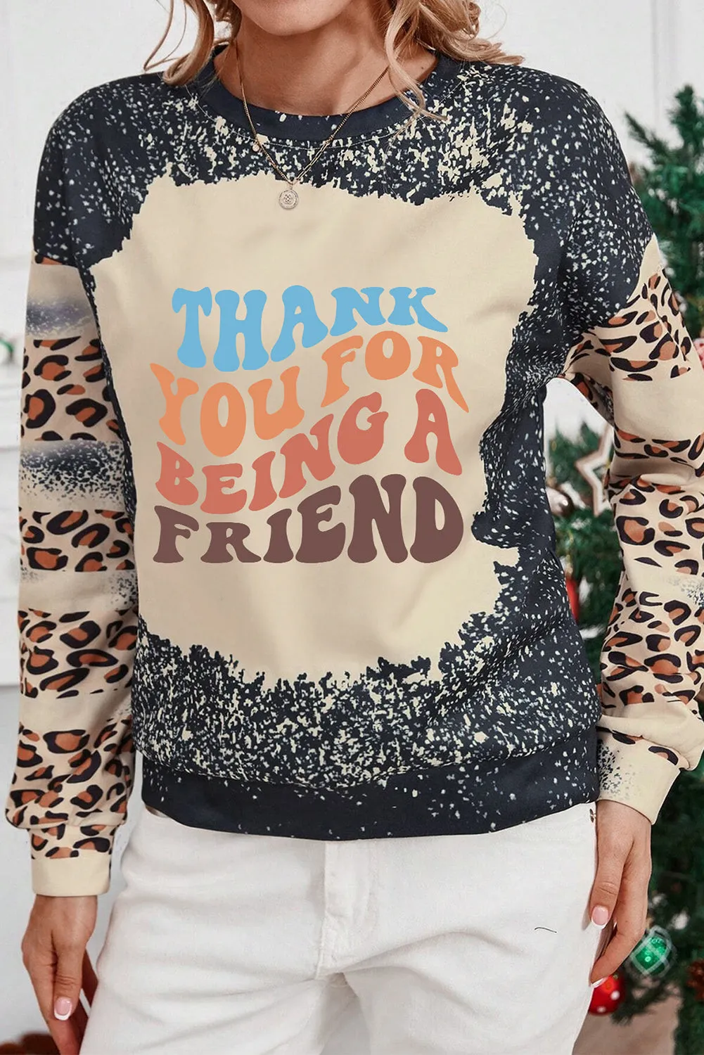 Black THANK YOU FOR BEING A FRIEND Graphic Leopard Tie Dye Sweatshirt