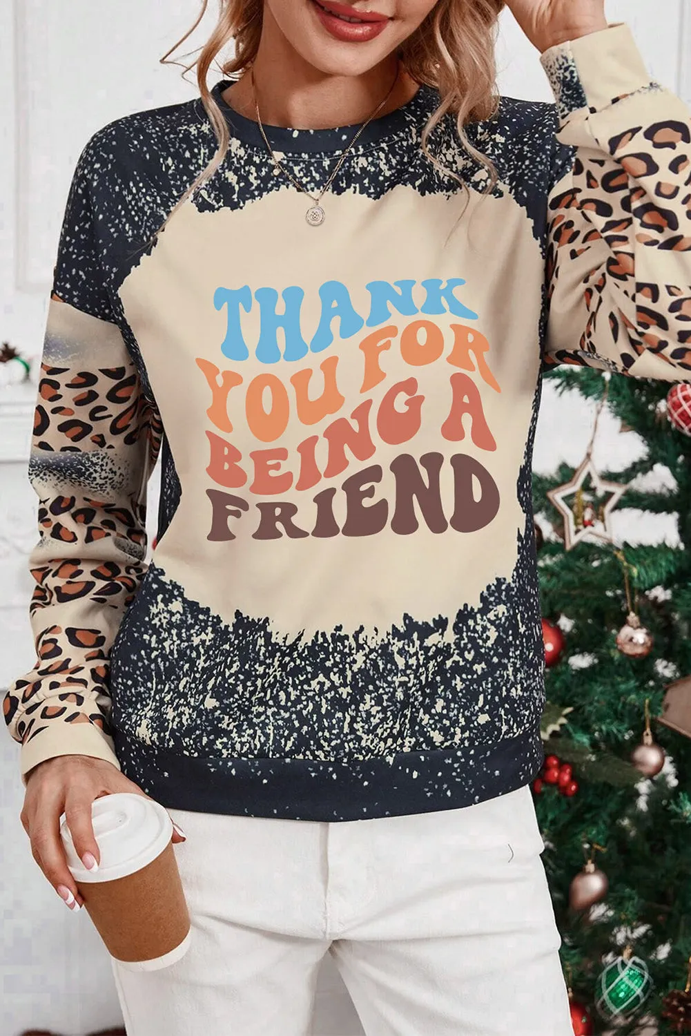 Black THANK YOU FOR BEING A FRIEND Graphic Leopard Tie Dye Sweatshirt