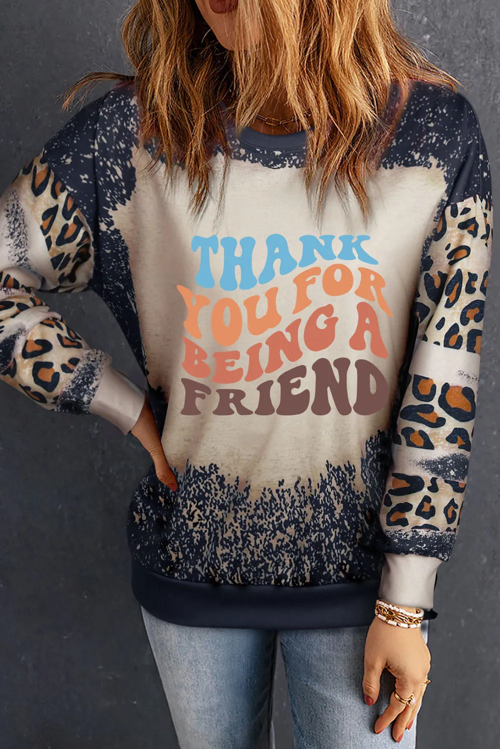 Black THANK YOU FOR BEING A FRIEND Graphic Leopard Tie Dye Sweatshirt