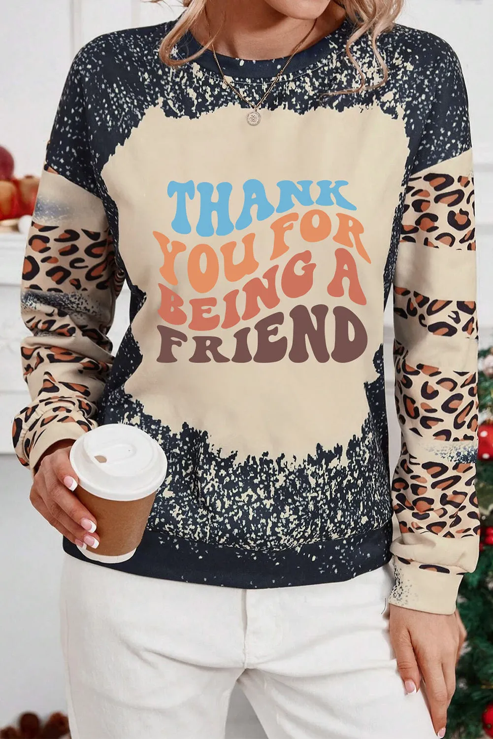 Black THANK YOU FOR BEING A FRIEND Graphic Leopard Tie Dye Sweatshirt