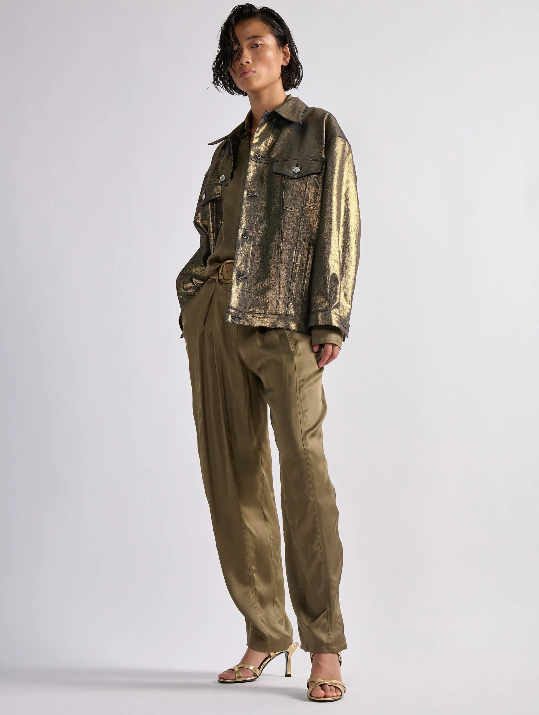 Blouson oversized en denim métallisé gold