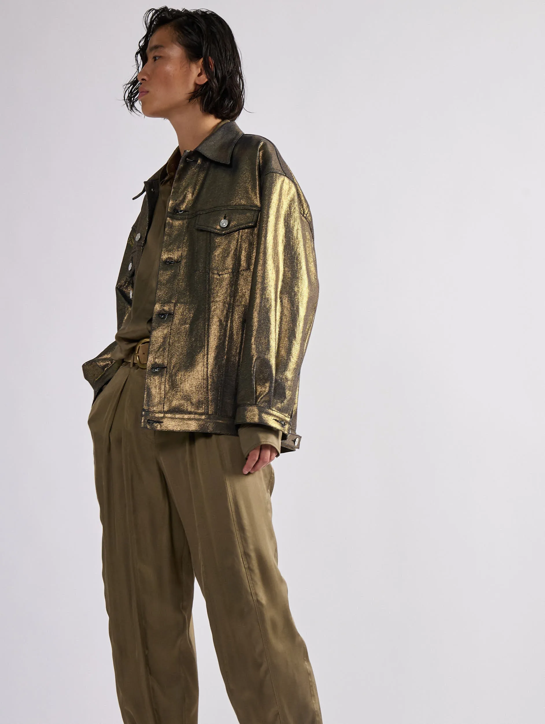 Blouson oversized en denim métallisé gold