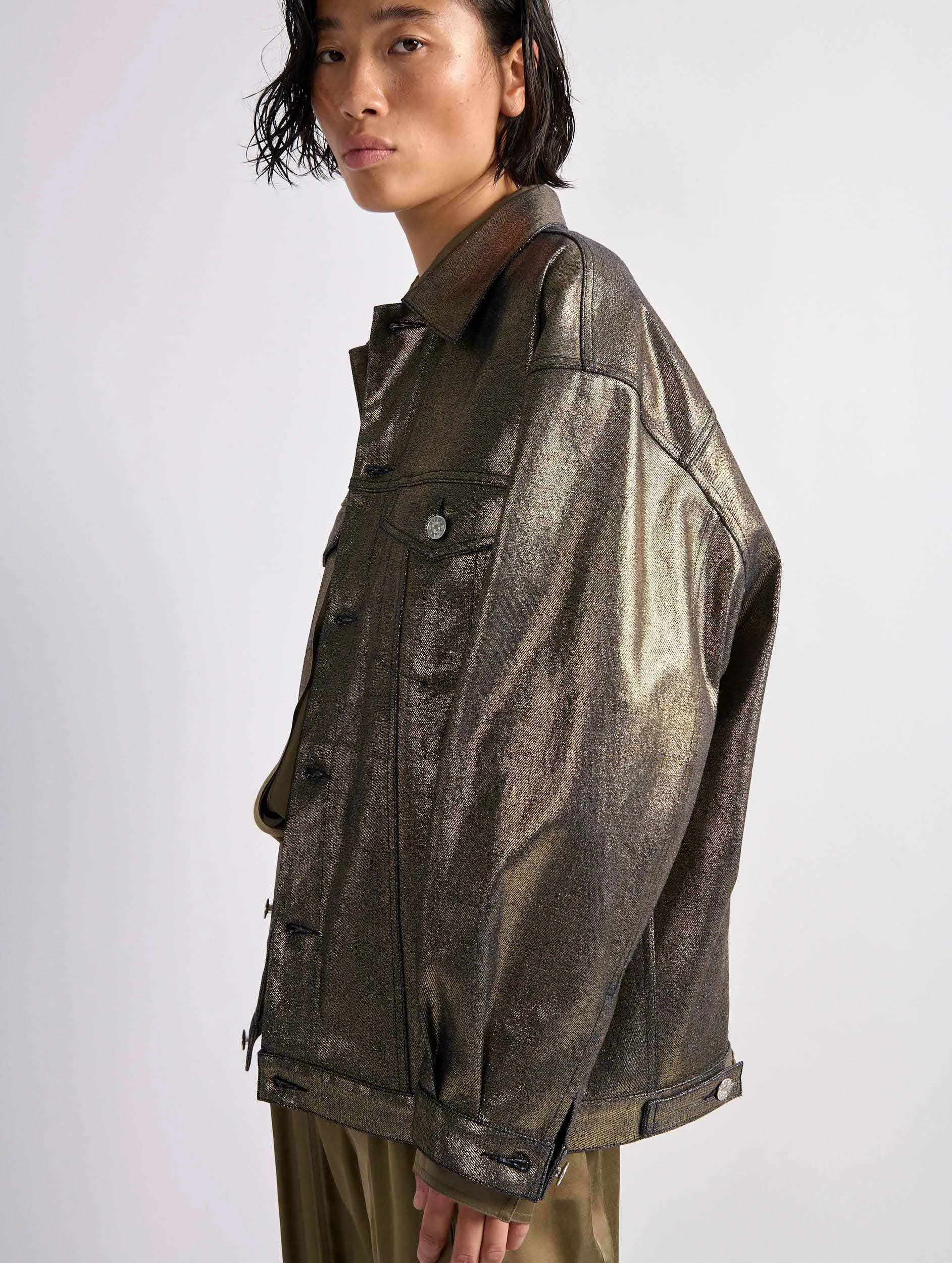 Blouson oversized en denim métallisé gold