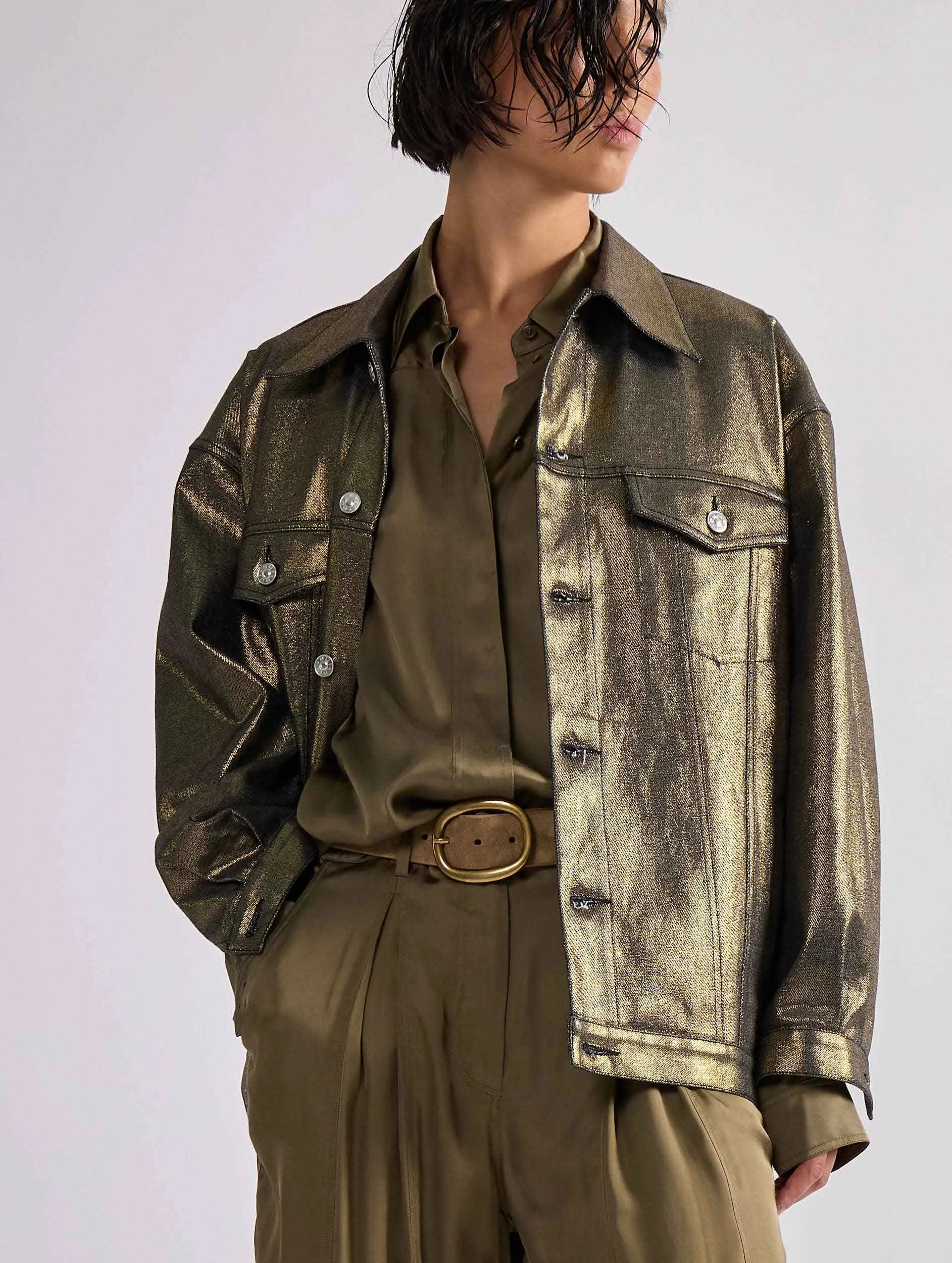 Blouson oversized en denim métallisé gold