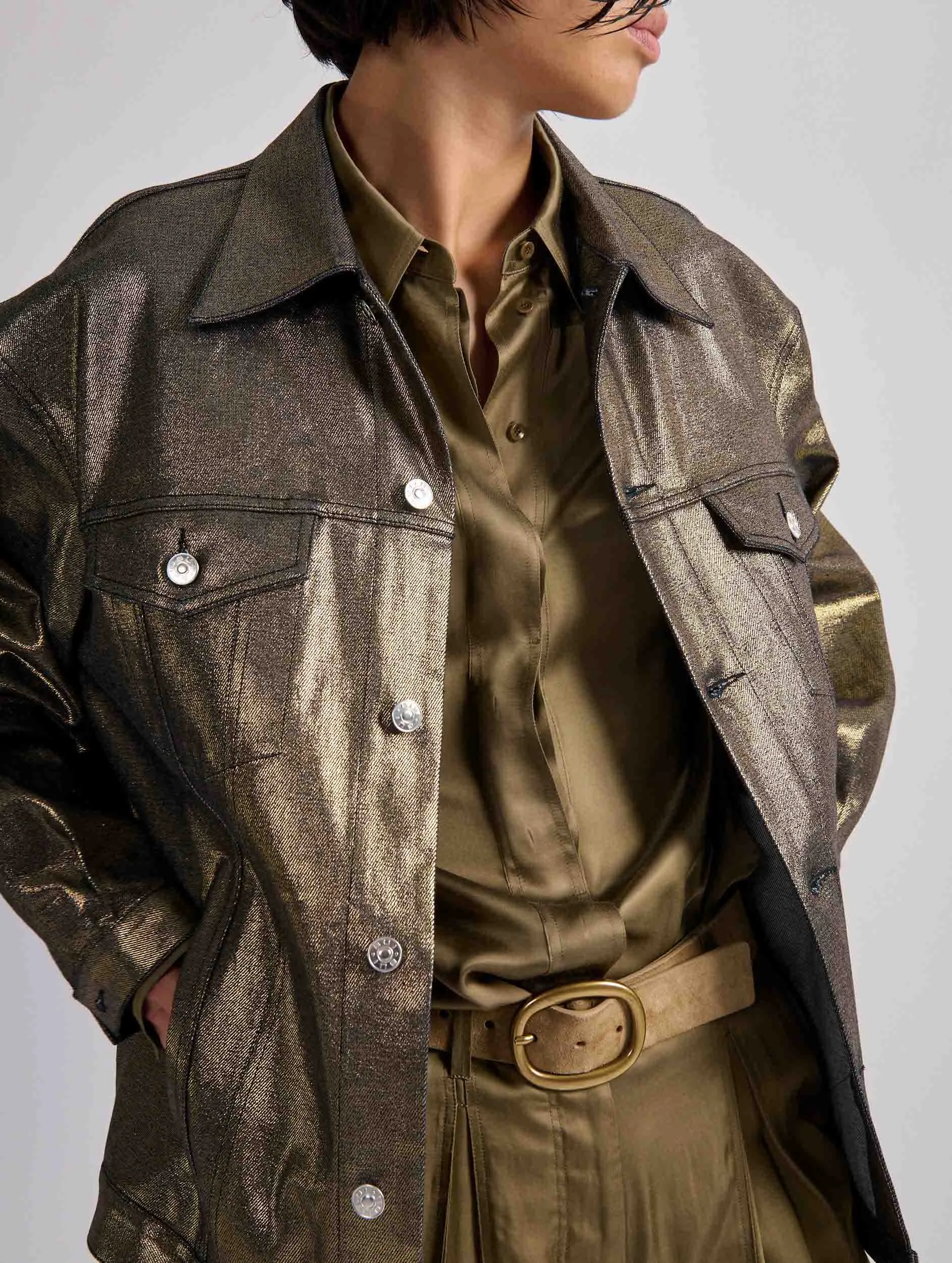 Blouson oversized en denim métallisé gold
