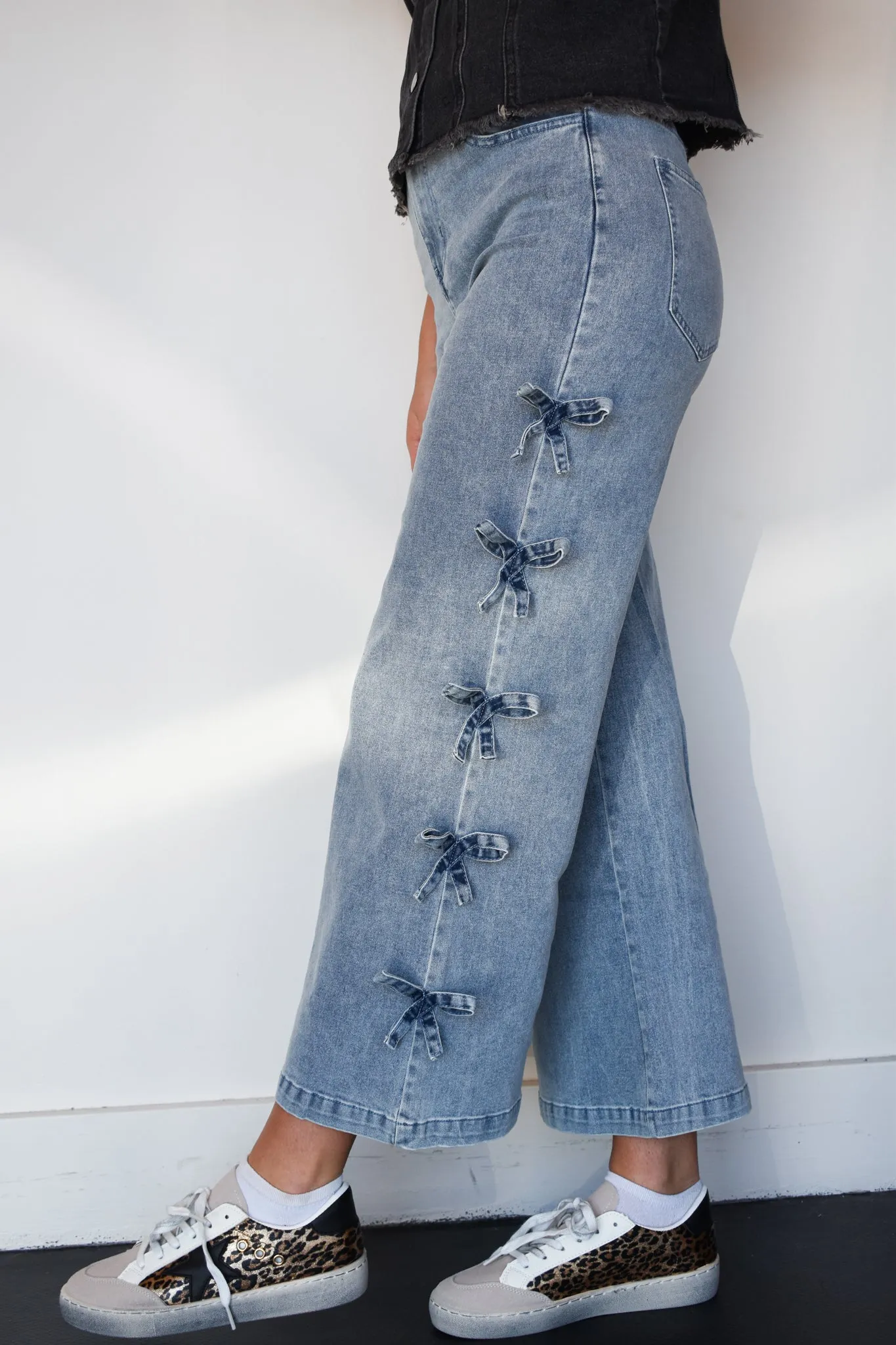 Bow Detail Wide Leg Denim- Medium Wash