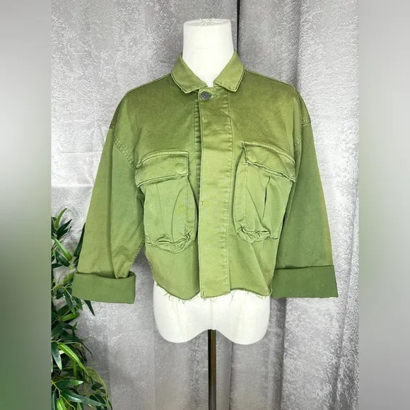BOYISH Women’s The Camden Denim Cropped Utility Jacket Army Green Sz XS