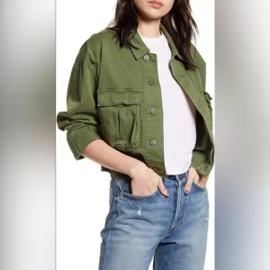BOYISH Women’s The Camden Denim Cropped Utility Jacket Army Green Sz XS