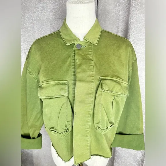 BOYISH Women’s The Camden Denim Cropped Utility Jacket Army Green Sz XS