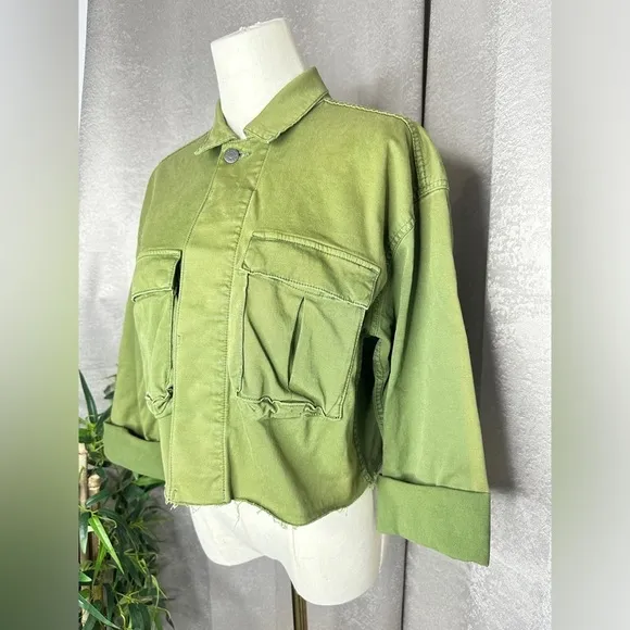 BOYISH Women’s The Camden Denim Cropped Utility Jacket Army Green Sz XS