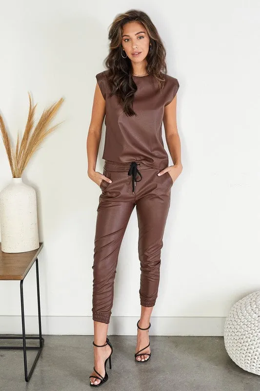 BROWN FAUXE LEATHER JOGGERS