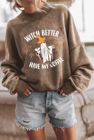 Brown Halloween Slogan Ghost Graphic Sweatshirt