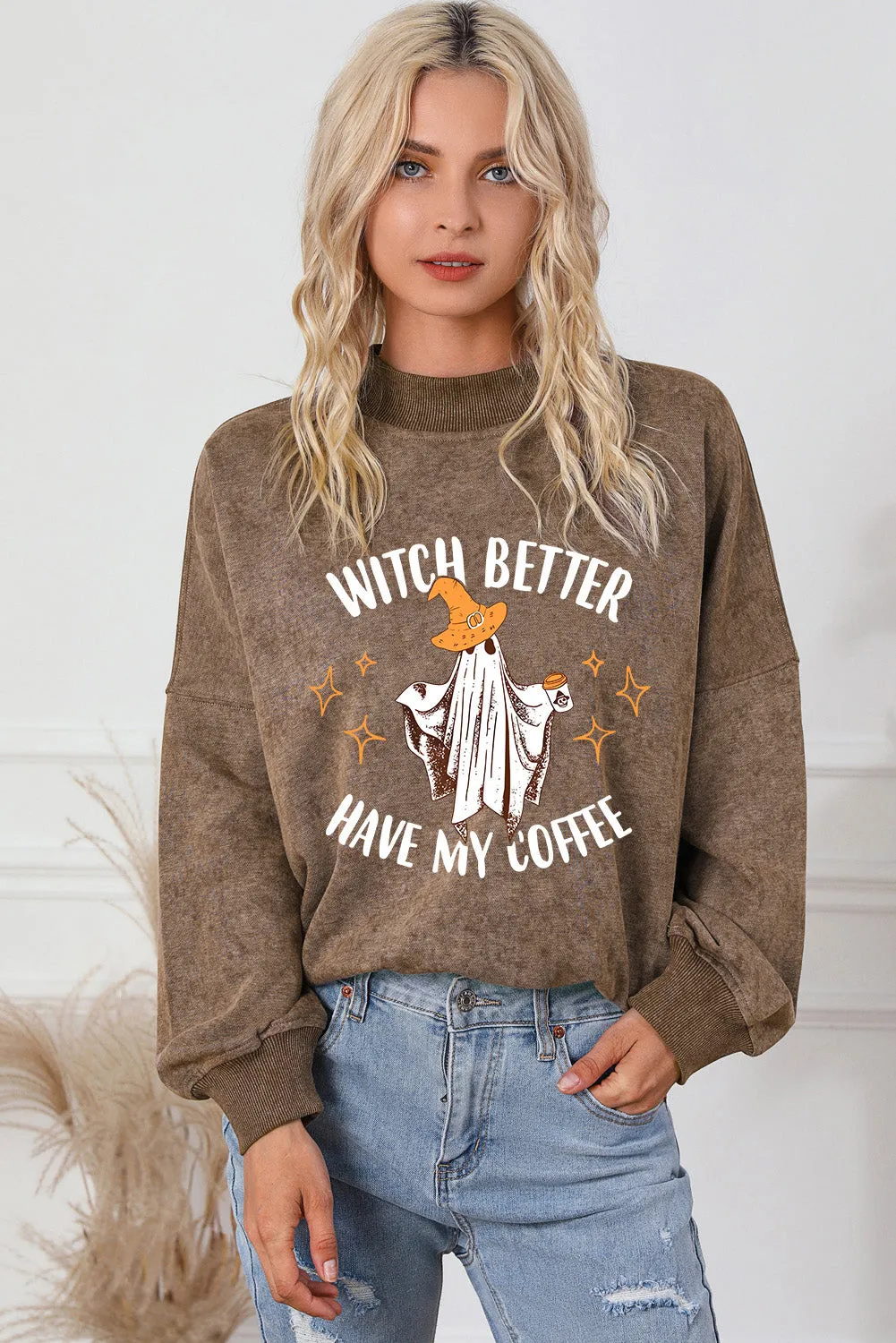 Brown Halloween Slogan Ghost Graphic Sweatshirt