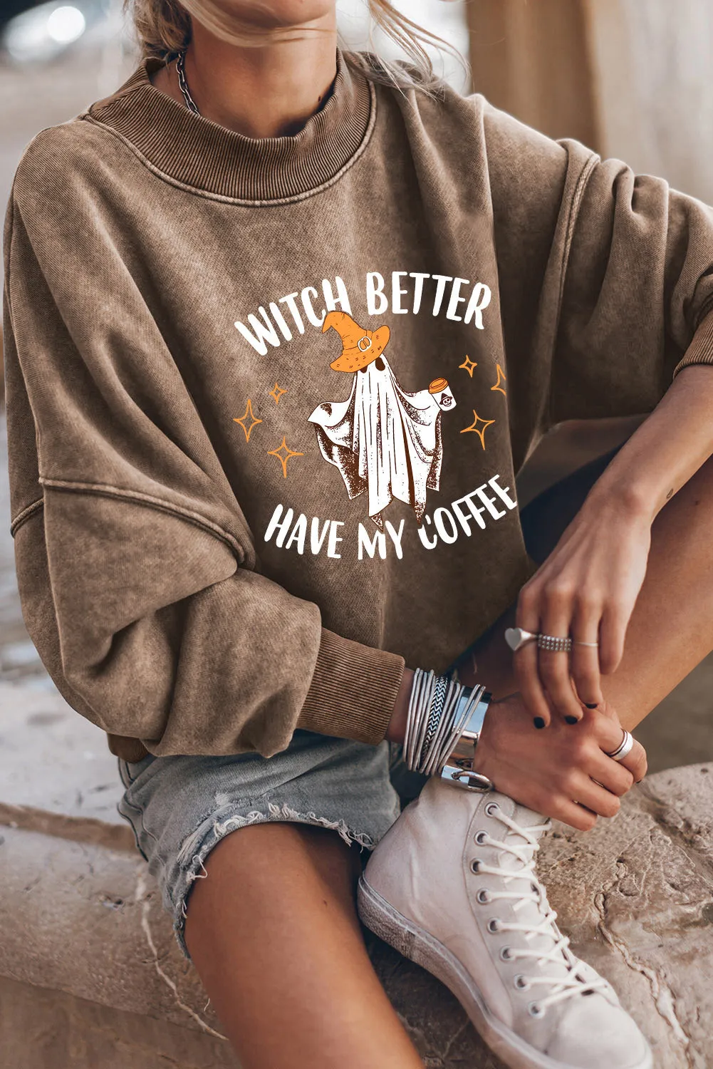 Brown Halloween Slogan Ghost Graphic Sweatshirt