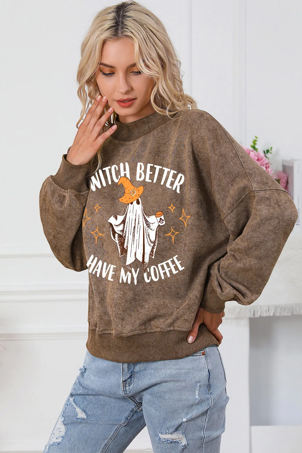 Brown Halloween Slogan Ghost Graphic Sweatshirt