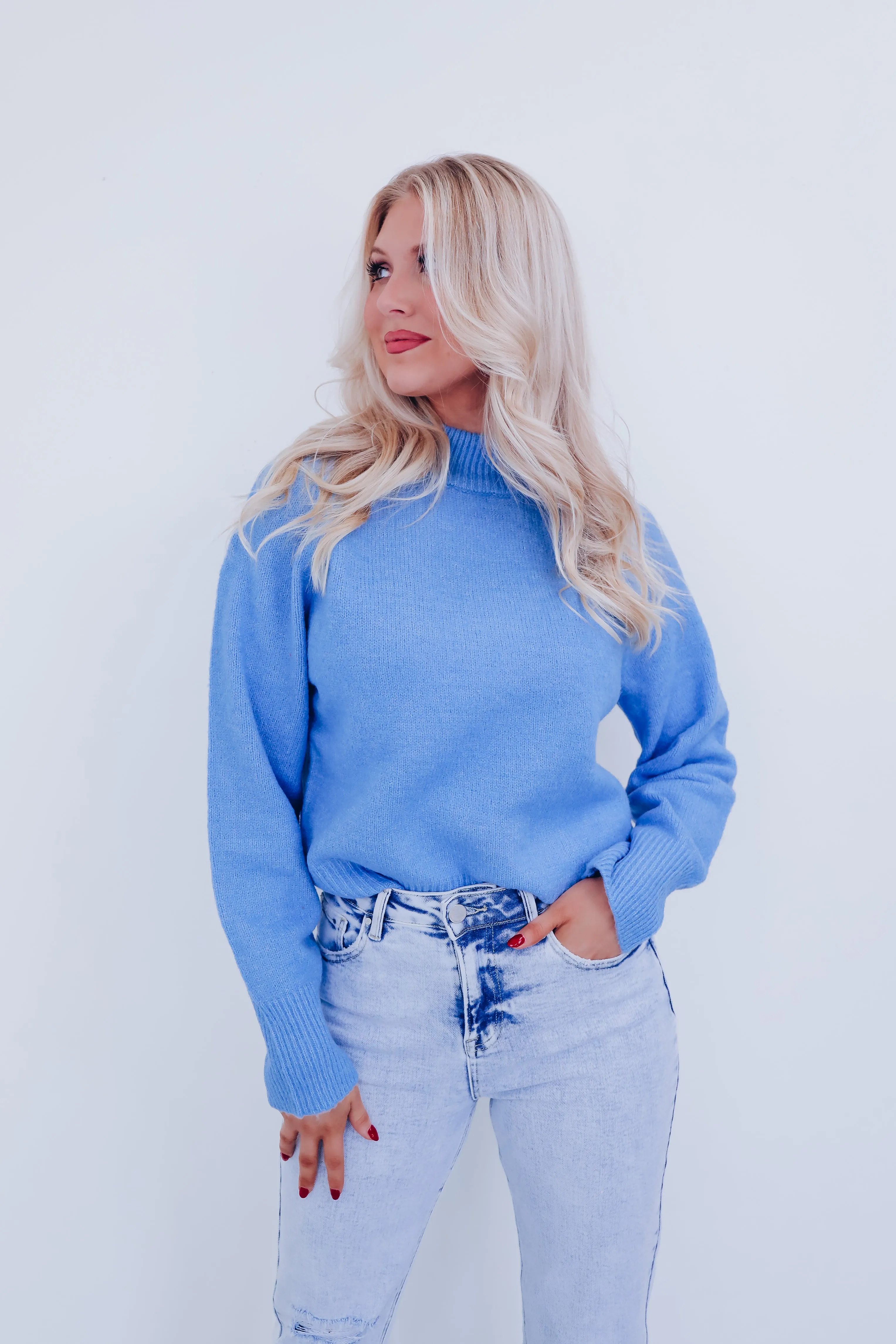 Callie Cropped Mock Neck Sweater - Blue