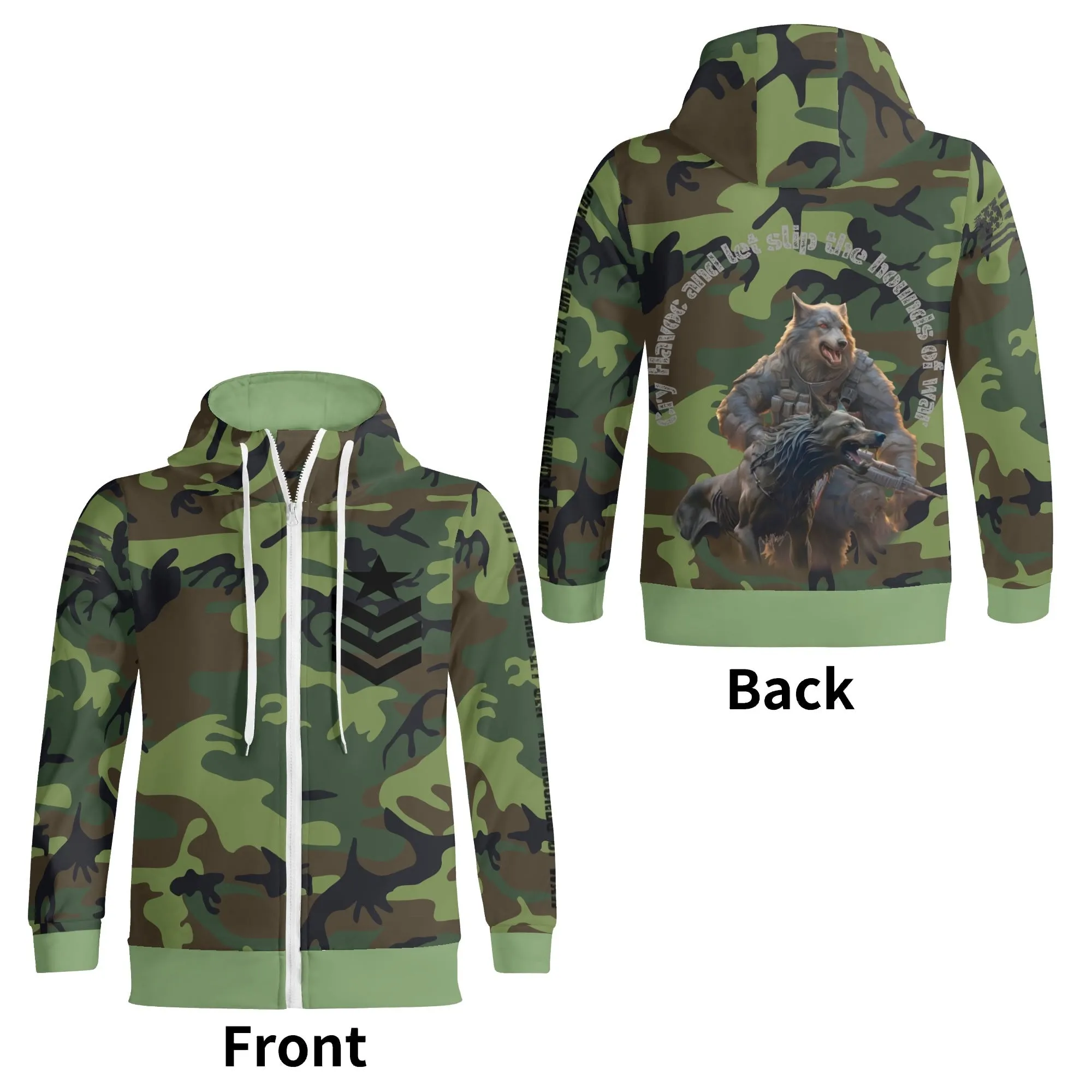 Camouflage Cry Havoc Graphic Full Zip Turtleneck Hoodie Streetwear