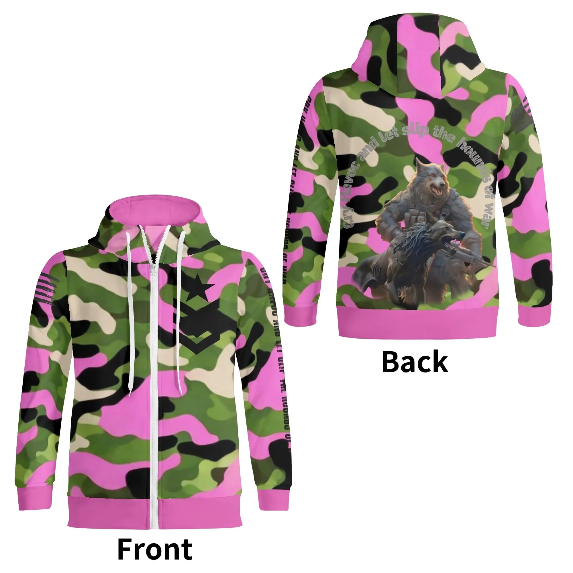 Camouflage Cry Havoc Graphic Full Zip Turtleneck Hoodie Streetwear