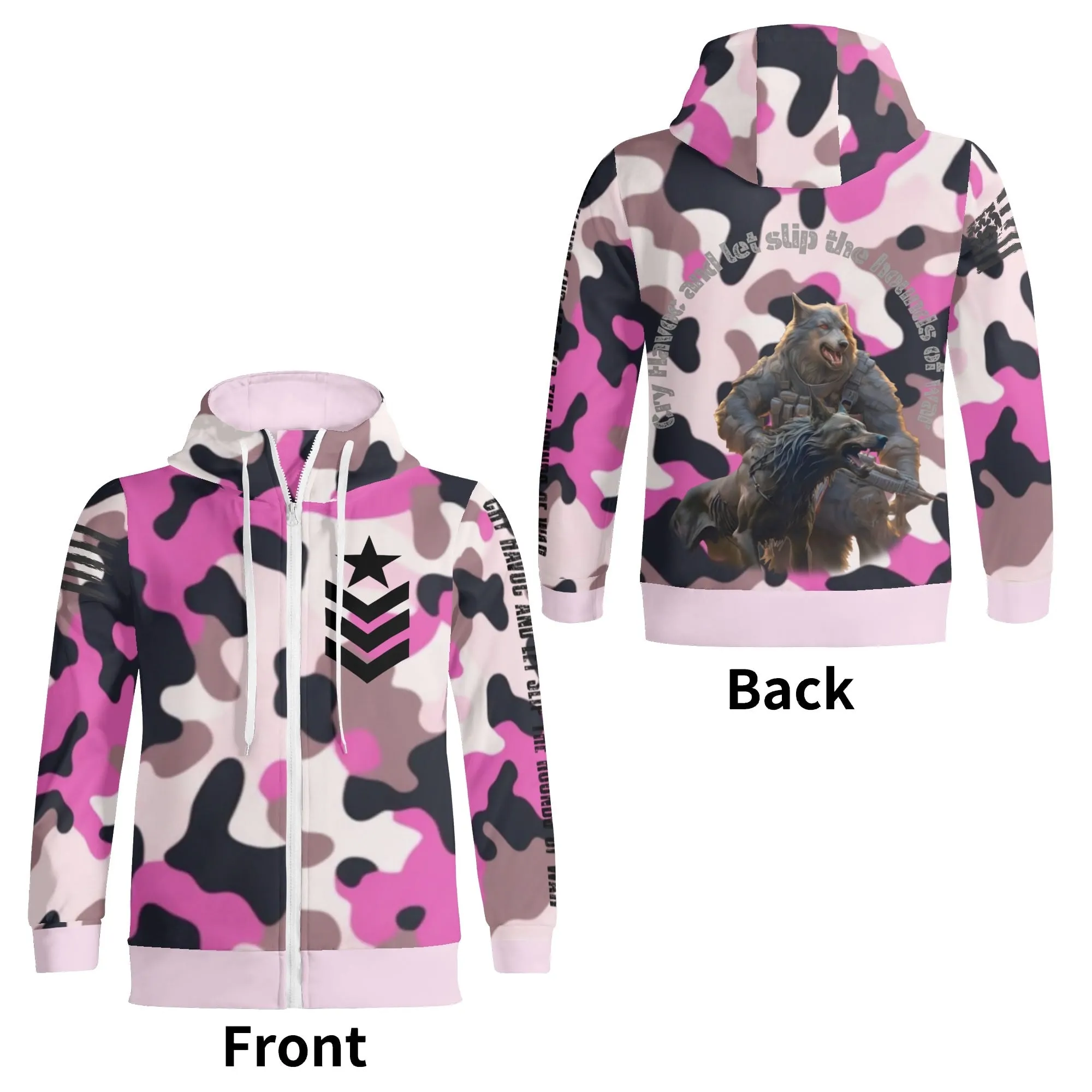 Camouflage Cry Havoc Graphic Full Zip Turtleneck Hoodie Streetwear