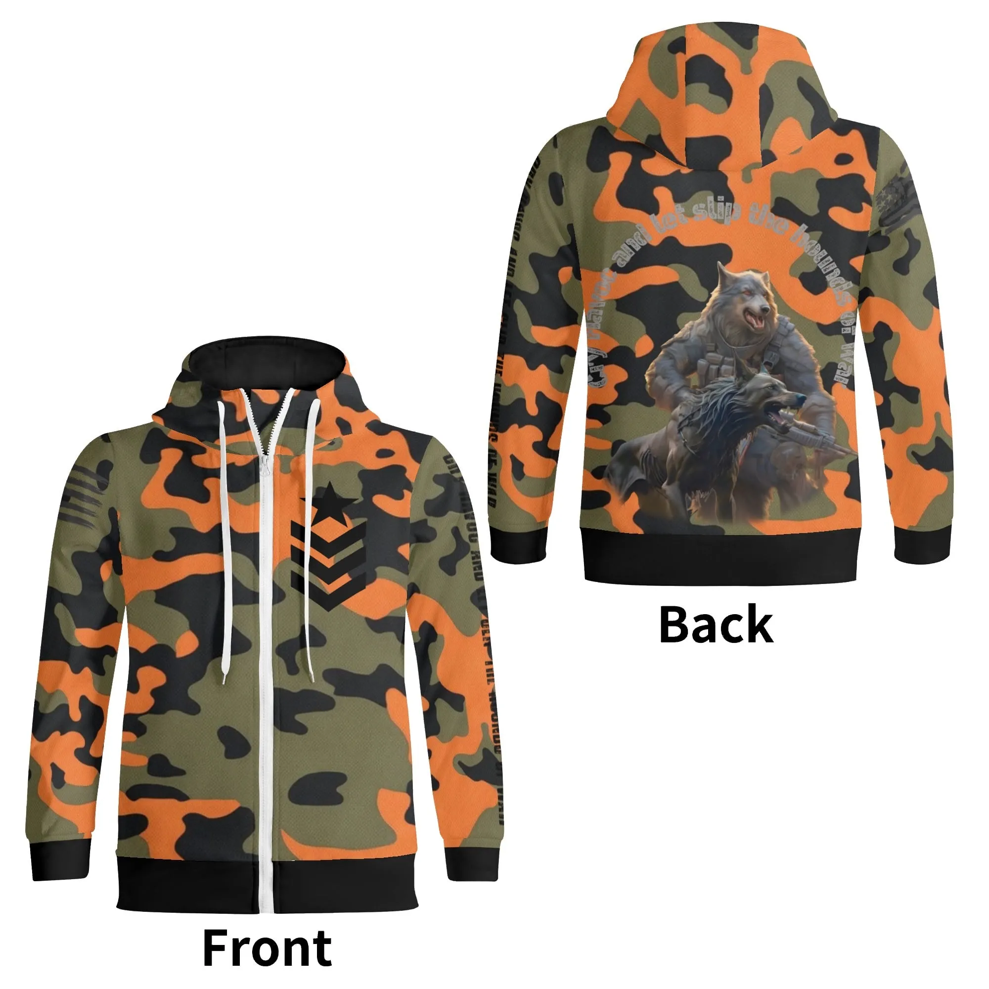 Camouflage Cry Havoc Graphic Full Zip Turtleneck Hoodie Streetwear